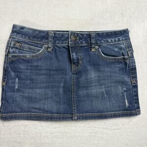 Y2K Aeropostale Denim Skirt Sz 1/2 Micro Mini Blue Jean Distressed Button Flaps
